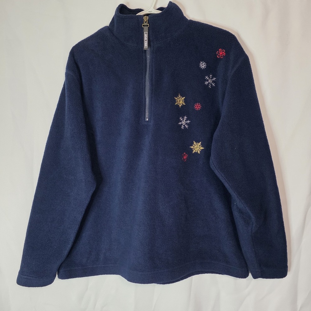 Women's Navy Blue Snowflake Embroidered Fleece 1/4 Zip Pullover Winter Large
